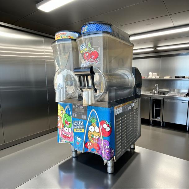 Bunn Ultra-2 slush machine in excellent condition, featuring dual transparent dispensers, Jolly Rancher branding, and 120V power.