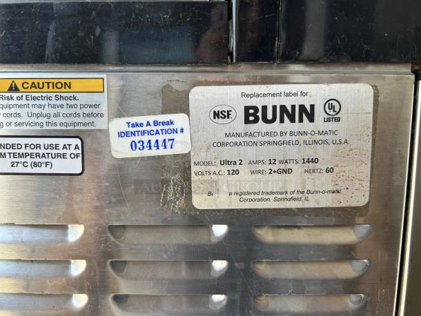 Bunn Ultra-2 Frozen Drink Machine, 120V, excellent condition, fully tested, model label showing specs, includes caution tags.