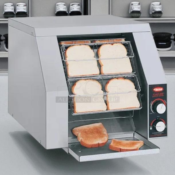 Hatco TRH-60 Toast-Rite conveyor toaster, 240V, toasts 10 slices/min. Tested and working, features control dials, stainless steel.