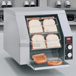 Hatco TRH-60 Toast-Rite conveyor toaster, 240V, toasts 10 slices/min. Tested and working, features control dials, stainless steel.