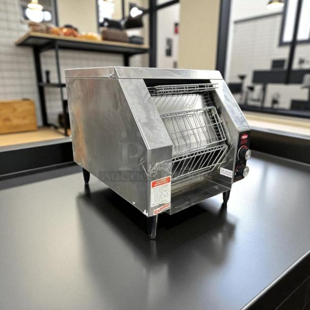 Hatco TRH-60 Toast-Rite conveyor toaster, 10 slices/min, 240V, stainless steel, tested and working, visible control dials and label.