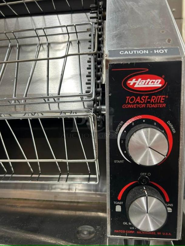 Hatco TRH-60 Toast-Rite conveyor toaster, 240V, 10 slices/min, controls visible, tested, working, "Caution - Hot" label.
