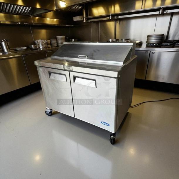 Atosa MSF8302 2-Door Salad Prep Table Refrigerator in excellent condition; fully operational, with visible Atosa logo.