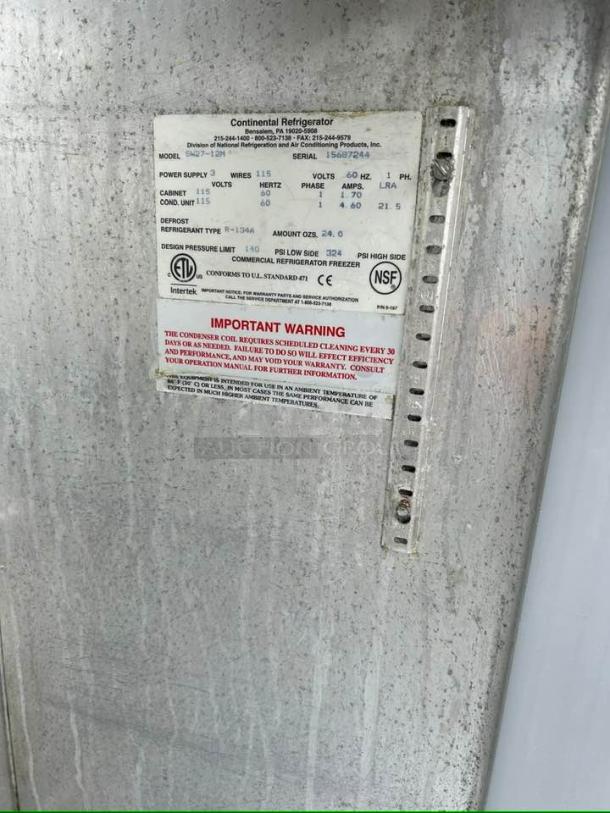 Continental SW27-12M Sandwich Prep Unit label showing model, serial number, power requirements, and safety warnings.