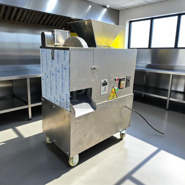 Industrial processing machine on wheels, stainless steel, tested and working. Features control panel, funnel, chute, safety labels.