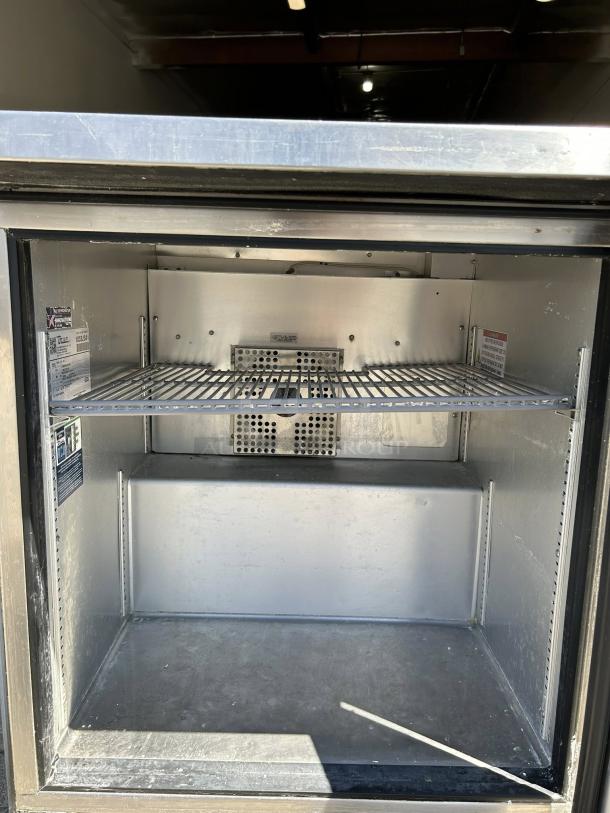 True TWT-27-HC 1-Door Worktop Refrigerator, stainless steel, excellent condition, 27", 115V, interior view, tested.