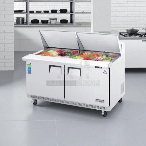 Everest EPBWR2 swing top prep table, 24 pans, 115v, NSF, 16 cu. ft., excellent condition, tested and working.
