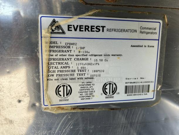 Everest EPBWR2 Swing Top Prep Table, 24 Pans, 115v, NSF, 16 cu. ft. Tested, Excellent Condition, ETL listed label shown.