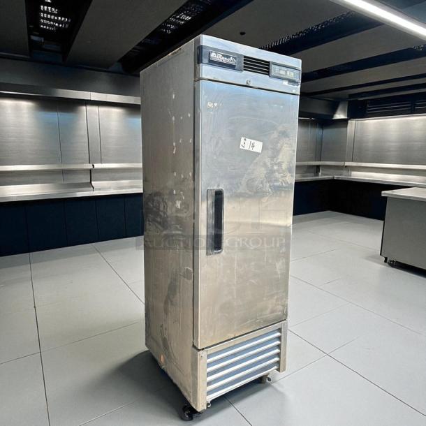 Blue Air BSF23-HC stainless freezer, single solid door, tested, working condition, minor wear, wheels, model label visible.
