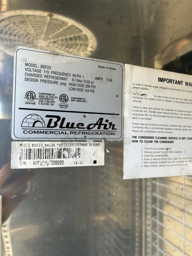Blue Air BSF23-HC stainless steel freezer in great condition, tested and working. Features one solid door, model details, and certification labels visible.