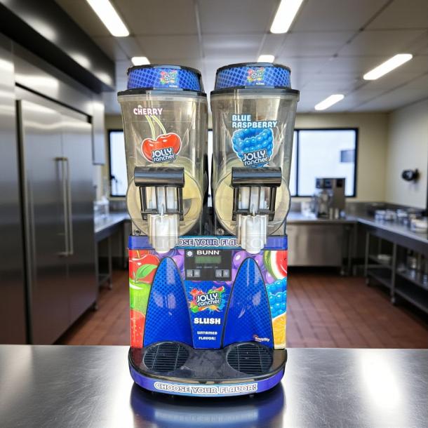 Bunn Ultra-2 frozen drink machine in excellent condition, featuring dual compartments for cherry and blue raspberry slushies, 120V.