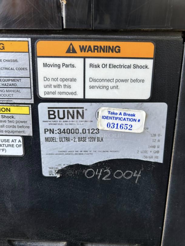 Bunn Ultra-2 Frozen Drink Machine label showing model, voltage (120V), and warnings. Excellent condition, fully tested.