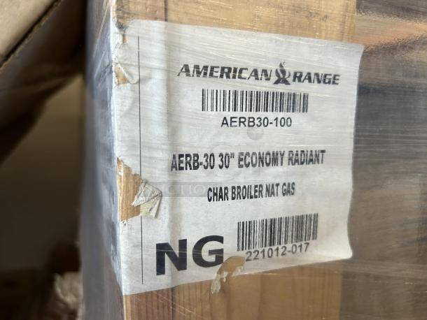 Brand new American Range AERB-30 30" countertop gas charbroiler, 4 burners, radiant, manual controls; label visible.