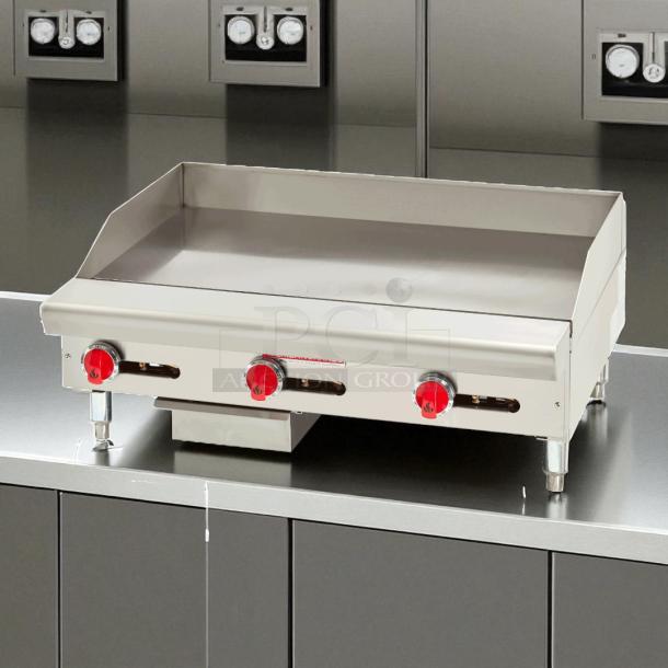 American Range AETG-136XT 36" heavy-duty gas griddle, new condition, stainless steel, with legs, commercial grade, natural gas.