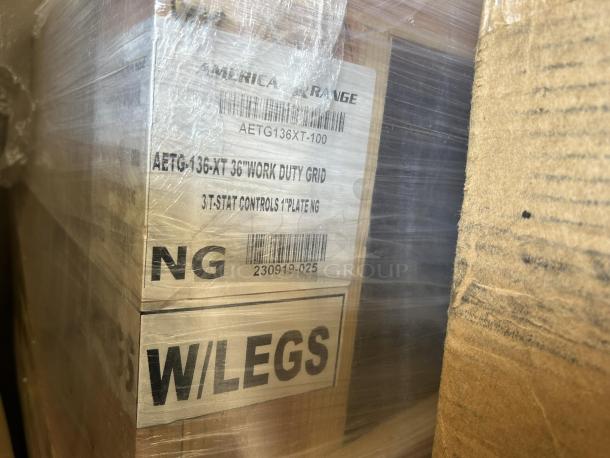 Brand new American Range AETG-136XT 36" gas griddle in original packaging, natural gas, with legs, model details visible.