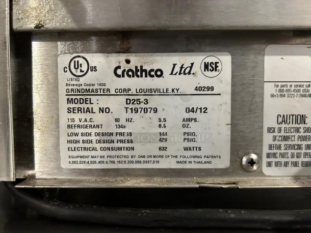 Crathco D25-3 beverage dispenser tag, details model T410033, serial T197079, 115V, 60Hz, made in Thailand, excellent condition.