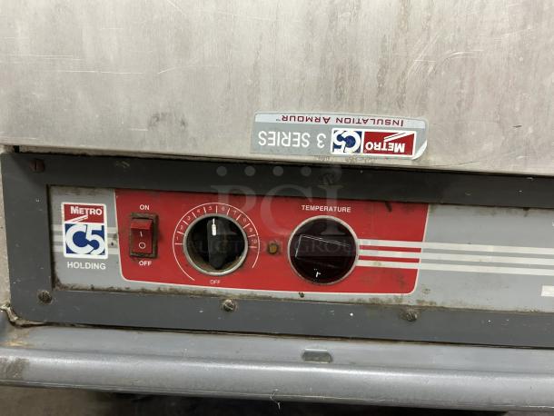 Metro C539-HFS-U C5 3 Series heated holding cabinet, red, solid door, tested, working, shown controls and branding labels.