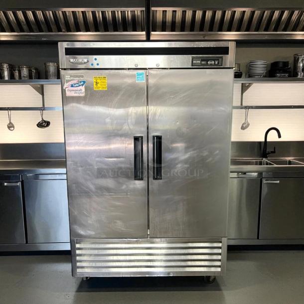 Turbo Air 2-Door Commercial Refrigerator, Model MSR-49NM, in excellent condition. Fully tested, visible stickers, stainless finish.