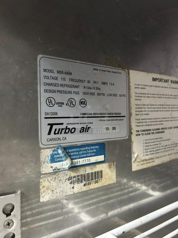 Turbo Air 2-Door Commercial Refrigerator, Model MSR-49NM. Excellent condition. Labels show specs, UL and NSF certified.