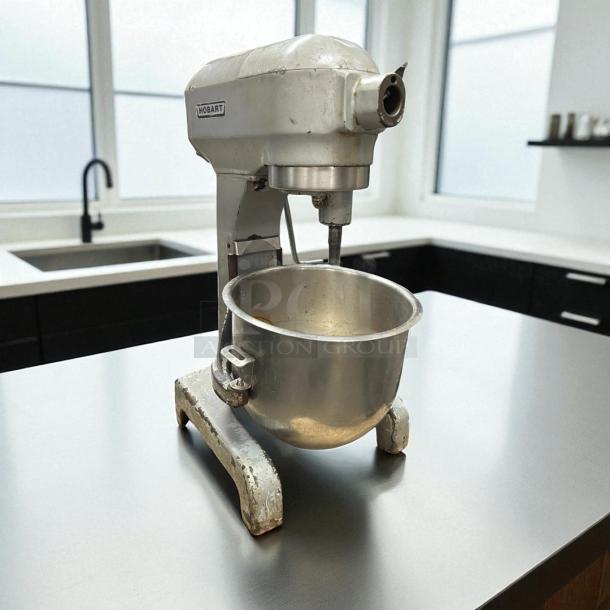 Hobart A200 20 QT dough mixer, silver, used, tested and working, 115V single phase, visible scuffs, stainless steel bowl.