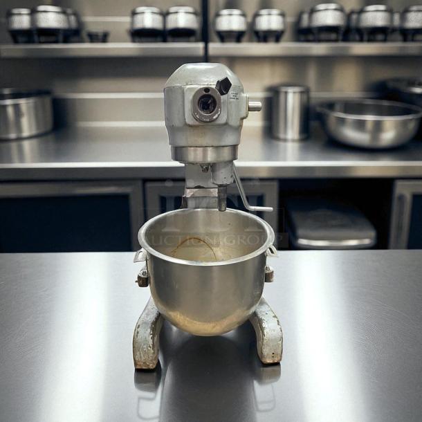 Hobart A200 20 QT dough mixer, 115V single phase, tested and working, in used condition, stainless steel bowl shown.