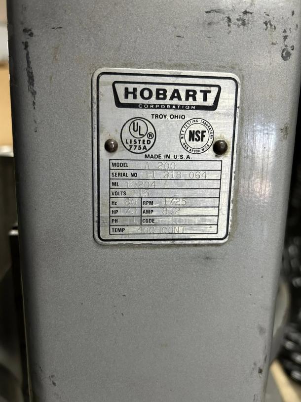 Hobart A200 20 QT Dough Mixer ID plate showing model, serial number, volt rating, and certifications.