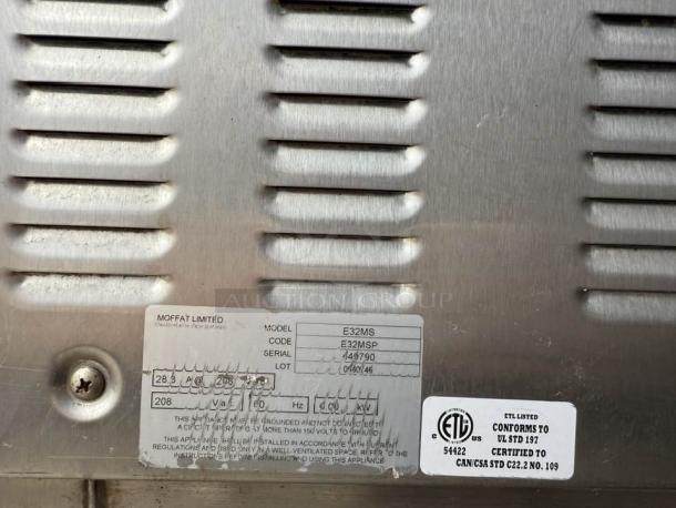 Turbofan E32MS electric convection oven, great condition, ETL certified, model and serial labels visible, 220v, 1-phase.