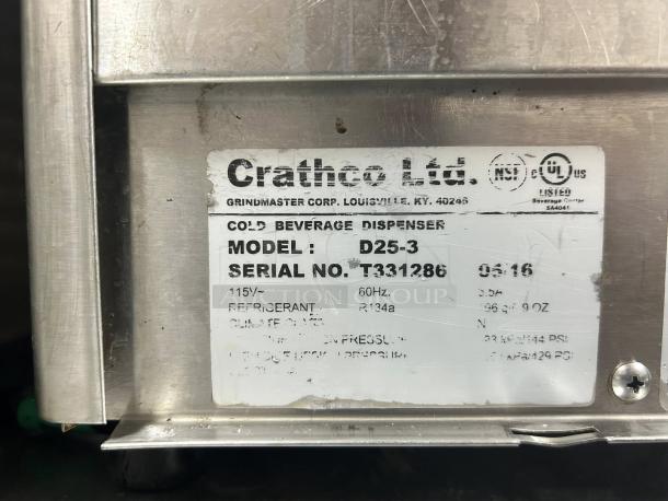 Crathco D25-3 Cold Beverage Dispenser label, showing model, serial number T331286, and specs. Excellent condition.