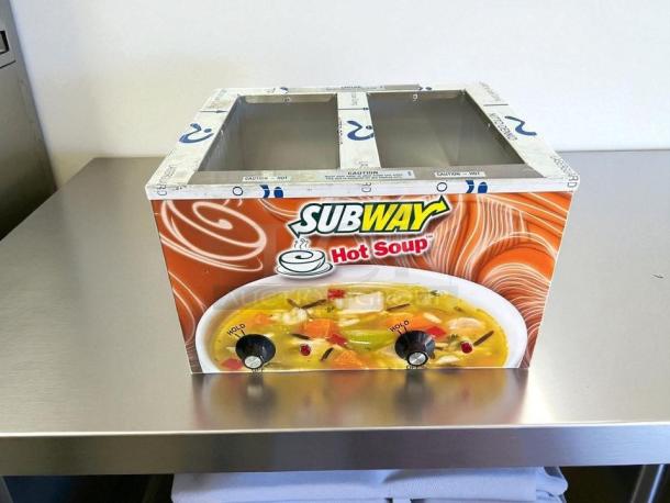 Duke CSW-2-T-AM Subway Edition electric soup warmer, 2-well, 120V/115V, 1100W, tested and working, vibrant soup-themed casing.