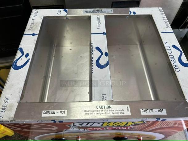 Duke CSW-2-T-AM Subway electric countertop soup warmer, 2-well, 120V, perfect condition, caution labels visible.