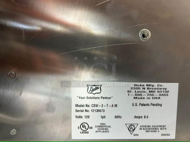 Duke CSW-2-T-AM Subway Edition countertop soup warmer label, model, serial number, and specifications shown.