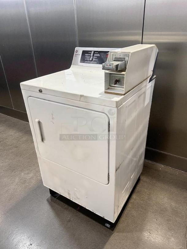 GE gas coin-operated dryer, model DCCD330GD2WC, white, excellent condition, tested and working, coin slot visible.