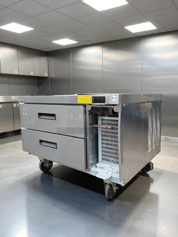 Delfield 2-Drawer Refrigerated Chef Base, excellent condition, stainless steel, tested and working, visible compressor unit.