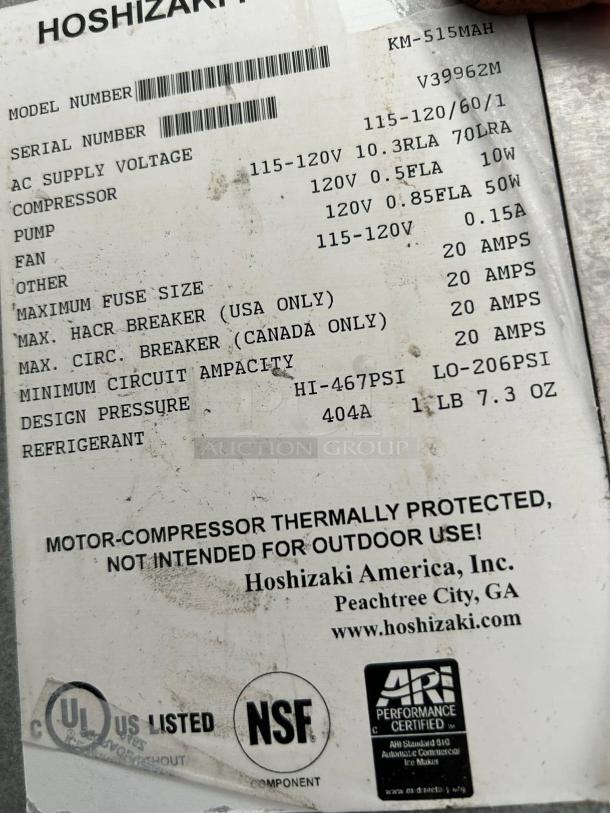 HOSHIZAKI KM-515MAH Ice Machine label showing specifications and certifications, tested and working. 