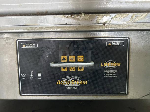 AccuTemp GGF1201A3650-T1 36" Accu-Steam Gas Griddle in excellent condition, with caution labels and control panel visible.