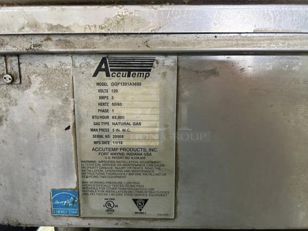 AccuTemp GGF1201A3650 griddle label showing model, natural gas type, 65,000 BTU, and Energy Star certification.