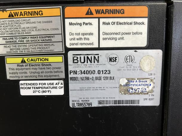 Bunn Ultra-2 Frozen Drink Machine label showing warnings, model number ULTRA-2, and 120V power specs.