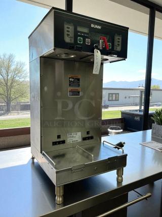 Bunn SH Soft Heat Dual Brewer, stainless steel, 120/208V, tested and working, with control panel and visible label tags.