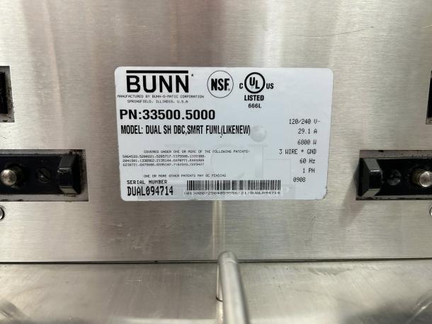 Bunn SH Soft Heat Dual Brewer, stainless steel, model SH, 120/208V. Features "Dual SH DBC, SMRT FUNC." Serial: DUAL094714. Tested.