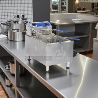 Globe Countertop Electric Fryer, double-basket, excellent condition, 120V, stainless steel, fully tested, visible brand logo.