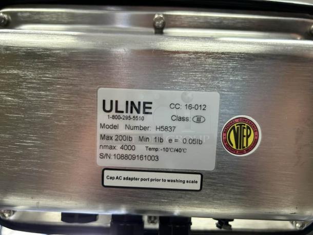 Uline Digital Platform Scale H-5837 in excellent condition, max capacity 200lb, min 1lb, serial number 108809161003.