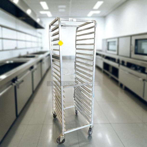 "Like New Bakery Speed Rack in great condition, 20-tier, aluminum, swivel casters, tagging indicates condition."
