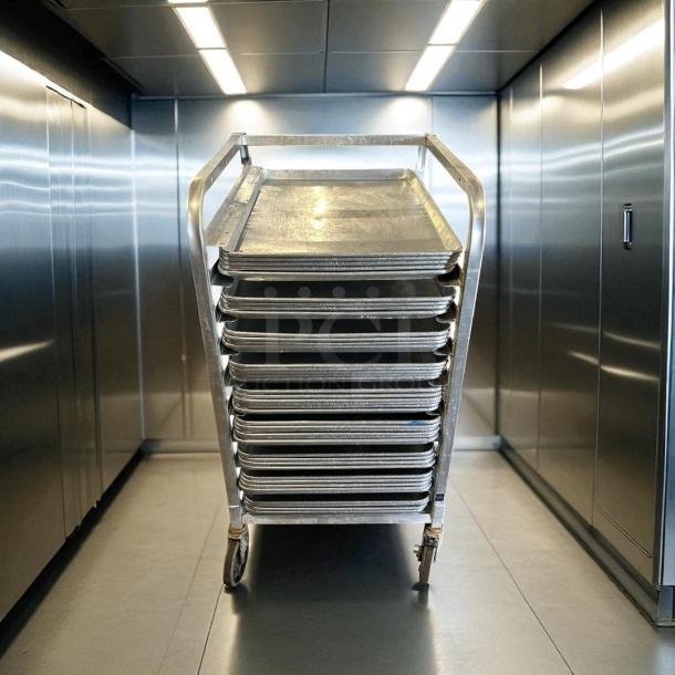 Like new half-size bakery speed rack without sheet pans, in great condition. Durable metal construction, with caster wheels.