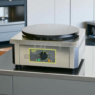 Equipex 400E Electric Crepe Maker, 220V, excellent condition, stainless steel, fully tested, visible control knob.