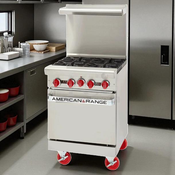 American Range AR-4 24" natural gas 4-burner range, 155,000 BTU, space-saver oven, tested & working, excellent condition.