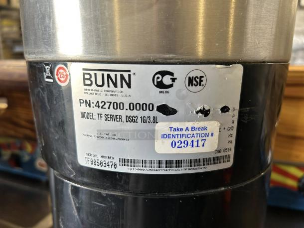 Bunn TF Digital Beverage Server DSG2, 1.5-gallon, with stand. Model, labels, and serial number visible. Excellent condition.