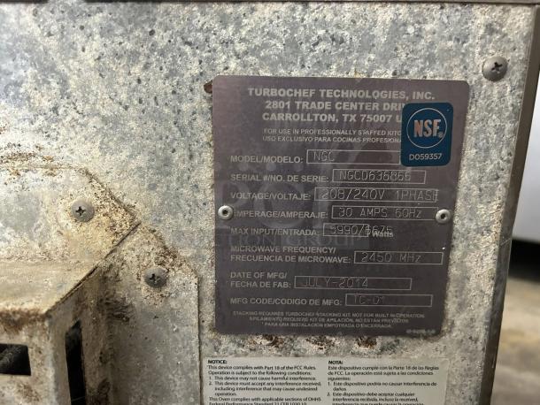 TurboChef NGC oven label showing model, serial number NGCD636866, 208/240V, 30A, 5990/6675W, NSF certified, made July 2014.