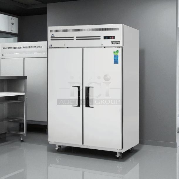 Everest ESF2 stainless steel reach-in freezer, 49 5/8", 48 cu. ft, 2 solid doors, top mount, excellent condition, tested.