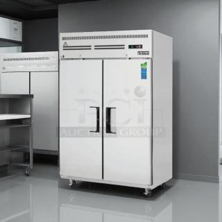 Everest ESF2 stainless steel reach-in freezer, 49 5/8", 48 cu. ft, 2 solid doors, top mount, excellent condition, tested.