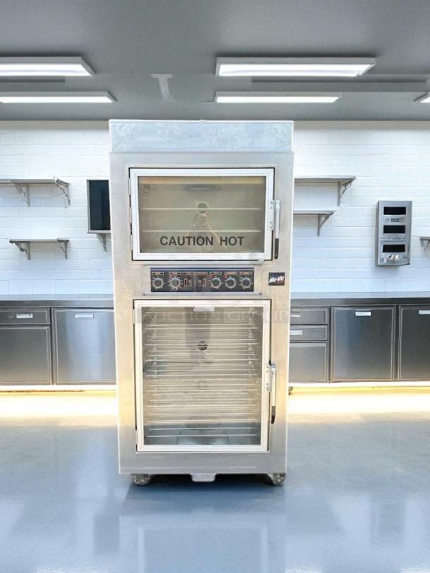 NuVU Model SUB-123P double deck electric oven proofer combo, stainless steel, fully tested, 120/240V, 3 phase, "Caution Hot" visible.